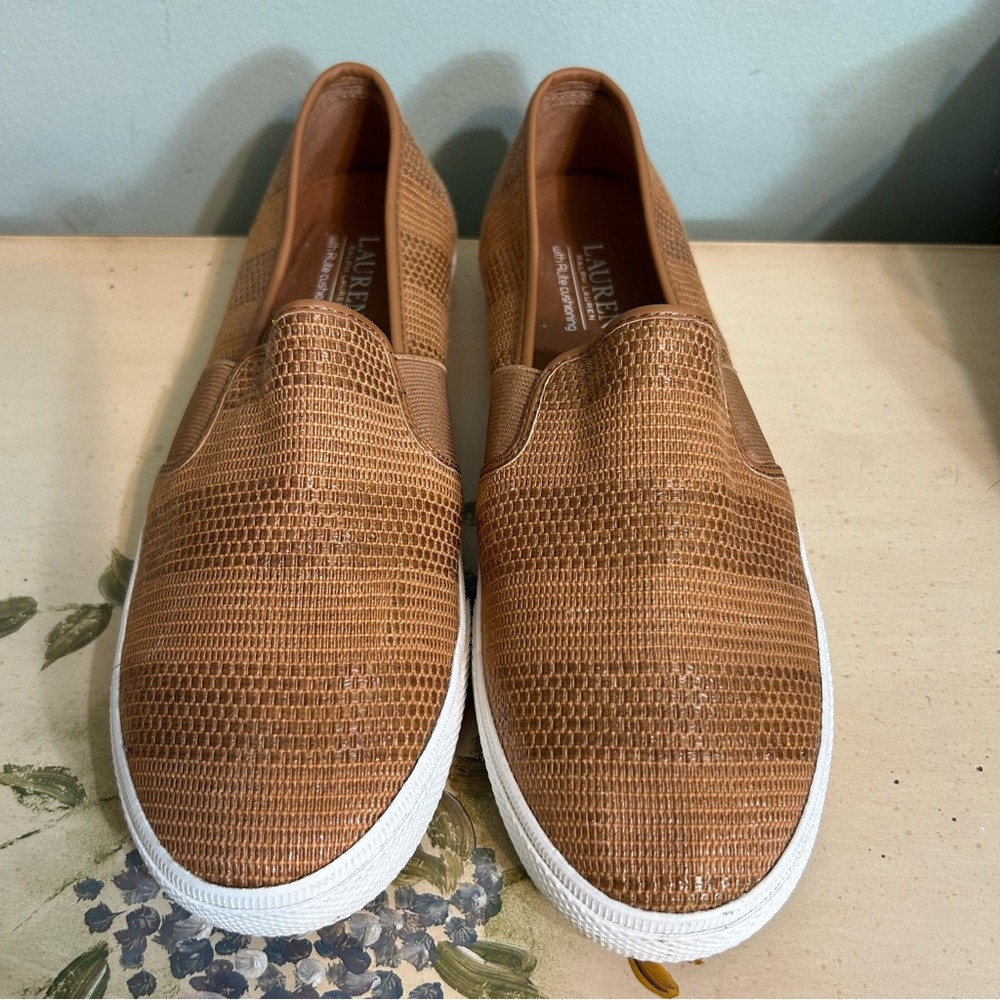 Ralph Lauren Jinny Classic Tan Woven Slip On Sneakers